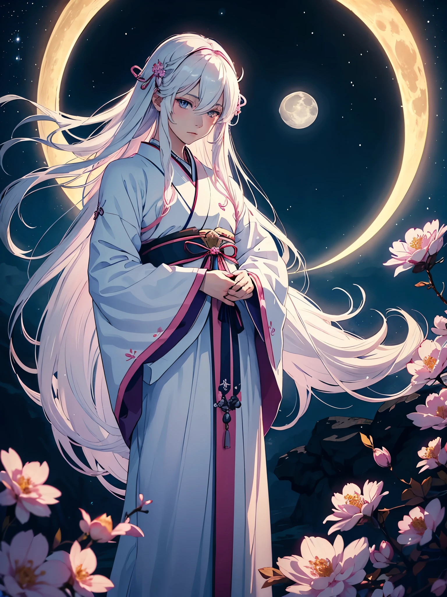 Männlich. Blaues Licht. Mann. Männlich. Boy. Tsukiyomi. japanese clothes. God of the Moon. long white hair. traditional clothing. divine. full moon. Pink flowers. at night.
