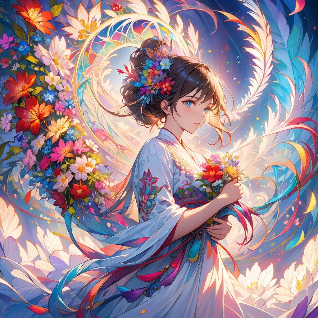 masterpiece,Highest quality,Highest quality,Official Art,beautifully、aesthetic,(One girl:1.2),Very detailed,(Fractal Art:1.1),colorful,Flowers,Most detailed,Tangled,Abstract background,Glowing Skin,Many colors,feather,