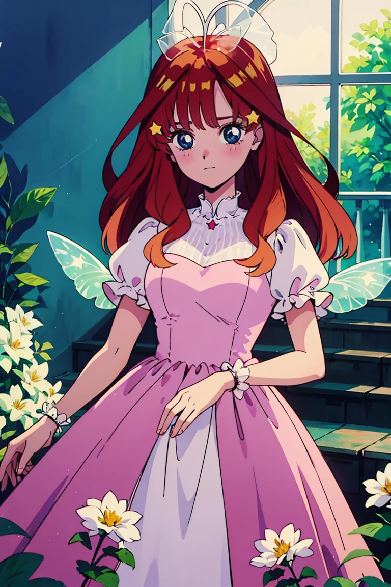 Vintage anime girl, 90's anime style, old animes, good quality, old anime, naoko takeuchi style, vintage anime,, Official art、Beautifully Aesthetic:1.2)、patterns、Hair spreads throughout、kawaii、pastel、Lovely room、, Ultra Detail, Movie, Hyper Realism, Soft Light, Deep Focus Bokeh, Ray Tracing, --niji 5. crystal, fantasy, galaxy, transparent, Itsuki Nakano, Nakano itsuki from the quintessential quintuplets, beautiful girl in flowing ballgown dress, (glowing fairy wings), glowing flowing ballgown, long wavy hair, sparkling fairy wings, watercolor illustration, flowers and colorful plants,, glowing aura around her, Itsuki Nakano, long fluffy red hair, blue eyes, nakano_itsuki, jen bartel, glowing lights! digital painting, flowing glowing hair, glowing flowing hair, star hairclips, 5-point star hairclips, beautiful digital illustration, fantasia otherworldly landscape plants flowers, beautiful, masterpiece, best quality, dynamic pose, moving, full body