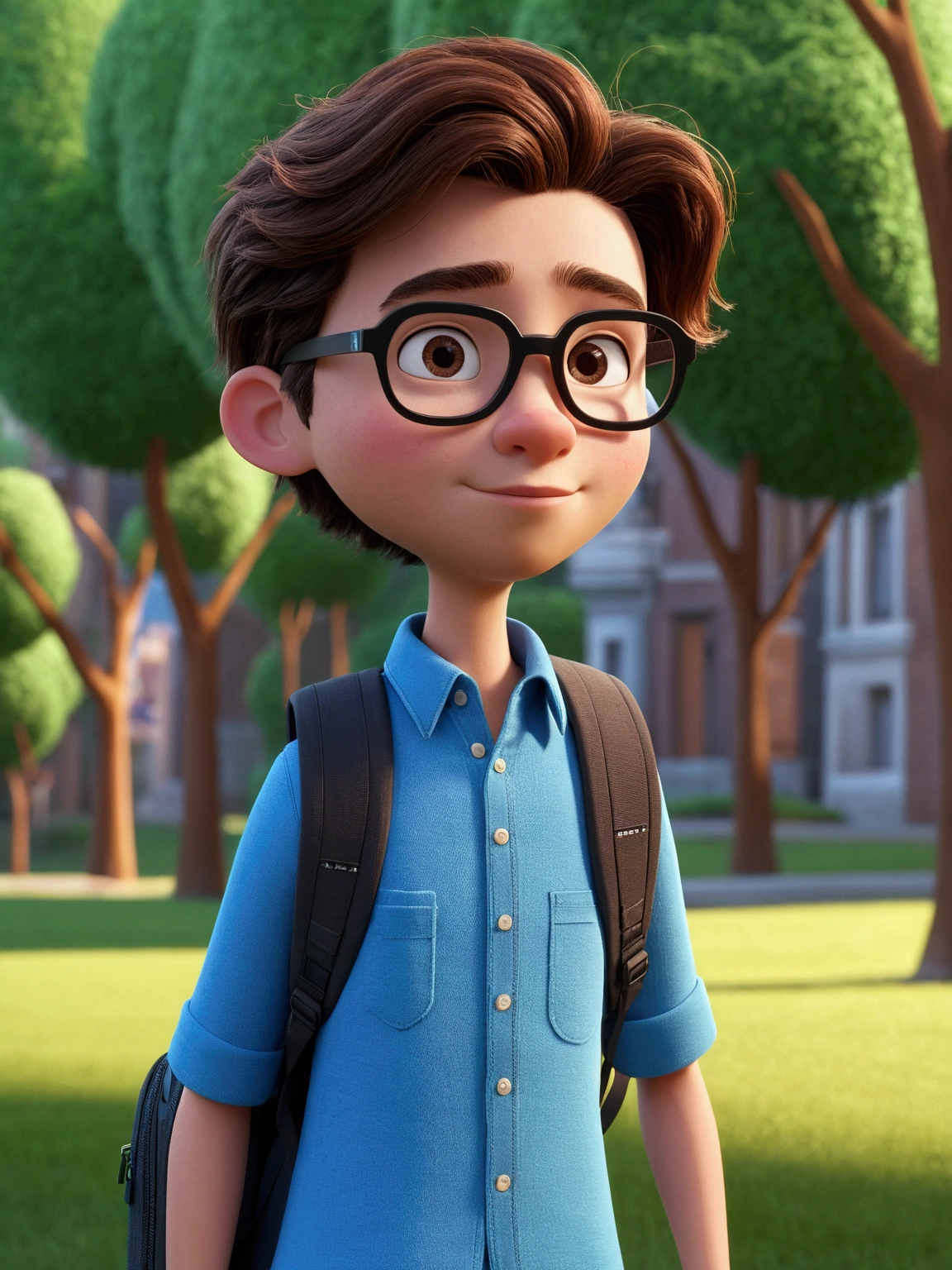 Cartoon character of a man in black glasses and blue shirt, an animated character, stylized character, animation style rendering, 3d stylized, Arnold Maya rendering, Stylized 3D rendering, toon render screenshot, 3d character, 3d character, Stylized 3D rendering, 3D character rendering, cartoon character, Personagem de close up, character posing, (Pixar-style) (master part:1.2) (bokeh) (best qualityer) (skin detailed) (detailed texture) (8k) (Argilla) (cinematic lighting) (sharp focus，Sits and leaks her upper body young brown teen, cafuçu, student with beard and mustache walking with backpack after class