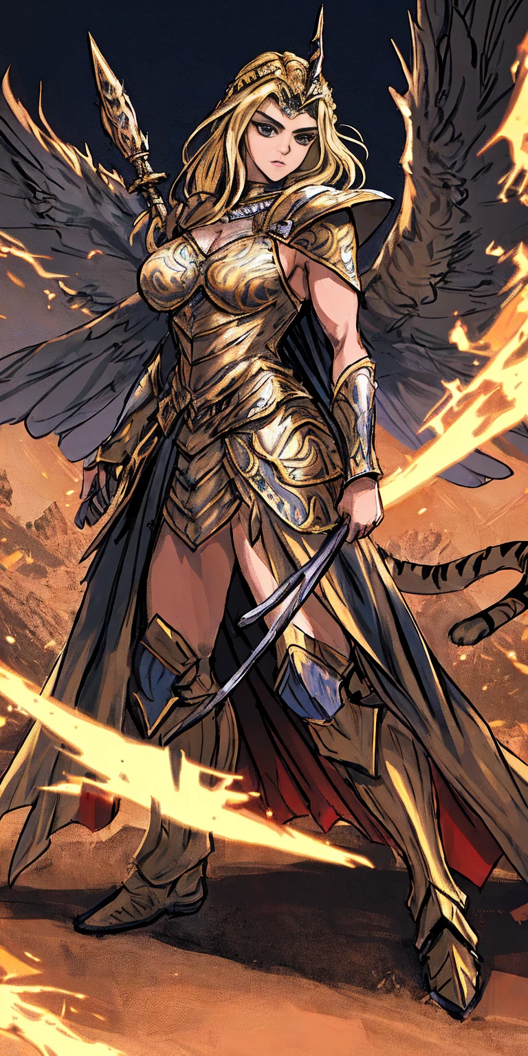 1 Girl (implying one person, likely female) Full Body: Standing with perfect symmetry Muscular Build: Strong and defined physique Turned Arms: Muscular arms positioned behind her back Theme: Epic Fantasy: Set in a fantastical world Asgard: Inspired by Norse mythology (can be subtle or more prominent) Valkyrie/Lady Knight: Combining elements of a fierce warrior and noble protector A motif incorporated into her armor, clothing, or environment (tiger stripes, or a tiger pelt cloak) Visual Style: Hyper Realistic: Incredibly lifelike detail Masterpiece: Exceptional quality 8K Resolution: Sharp and high definition Detailed Drawing: Intricate and richly textured Superior Quality: The best possible rendering Epic Composition: Dramatic and visually stunning