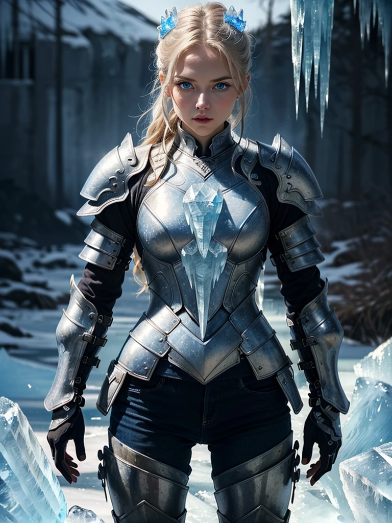 (Masterpiece:1.3), Highres, best quality, (extremely detailed, area lighting in background, HD, 8k, extremely intricate:1.3), (cowboy shot), Painting, 1 girl, ice dragon, blue eyes, (((ice forming on the body to form armor:1.2))),(Ice armour:1.5),ice, (ice sword:1.2),GlowingRunes_blue, runes on stomach (ice dragon in the background)