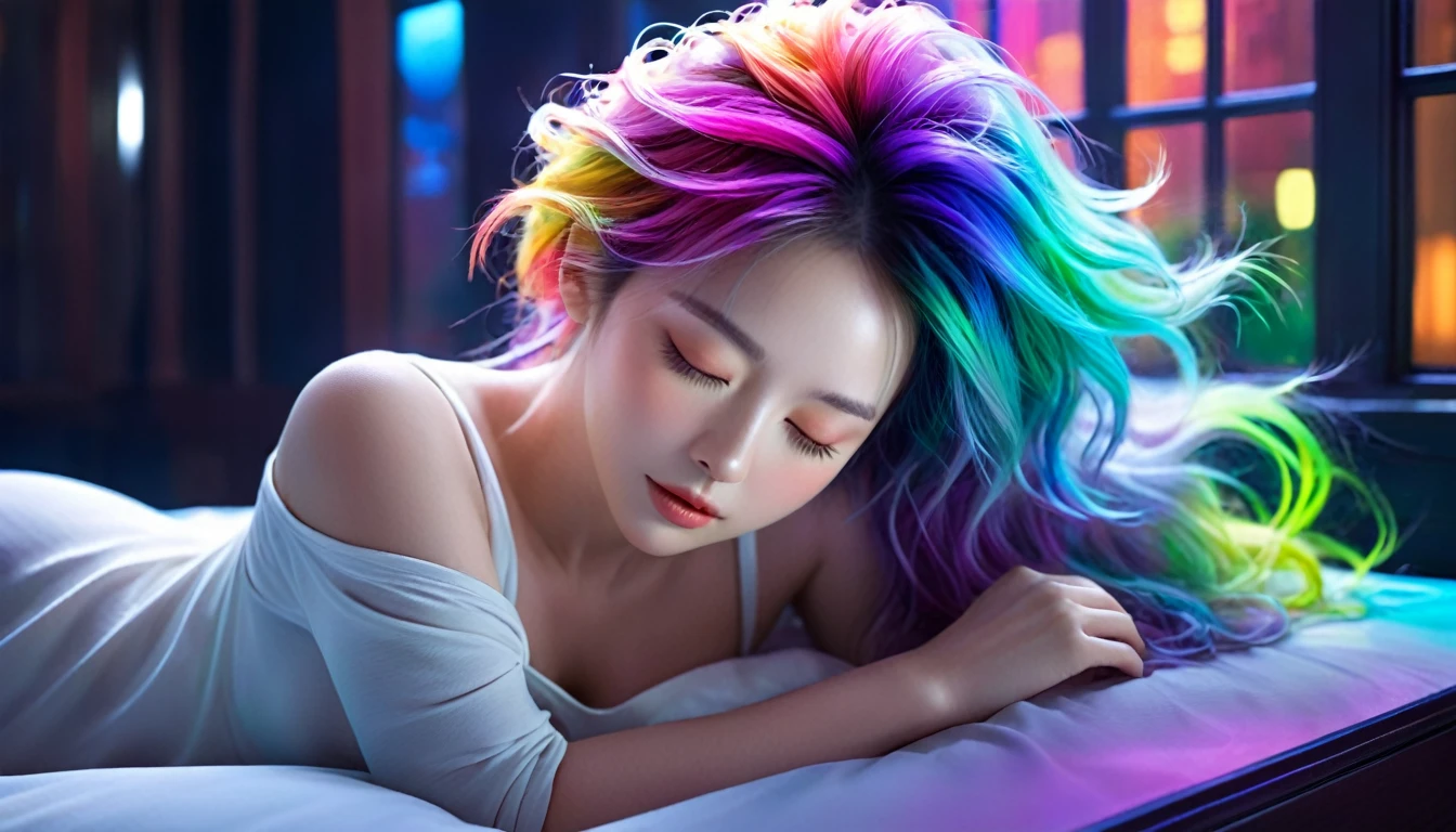 (best quality,8k,ultra-detailed:1.2),(CG,CG art,3D rendering),(masterpiece:1.2),(Crawling on the table),(Sexy clothing),(movie lighting,futuristic),(woman lying in bed,sleeping,closed eyes),(large window behind her,tranquil night),(colorful hair:1.5)