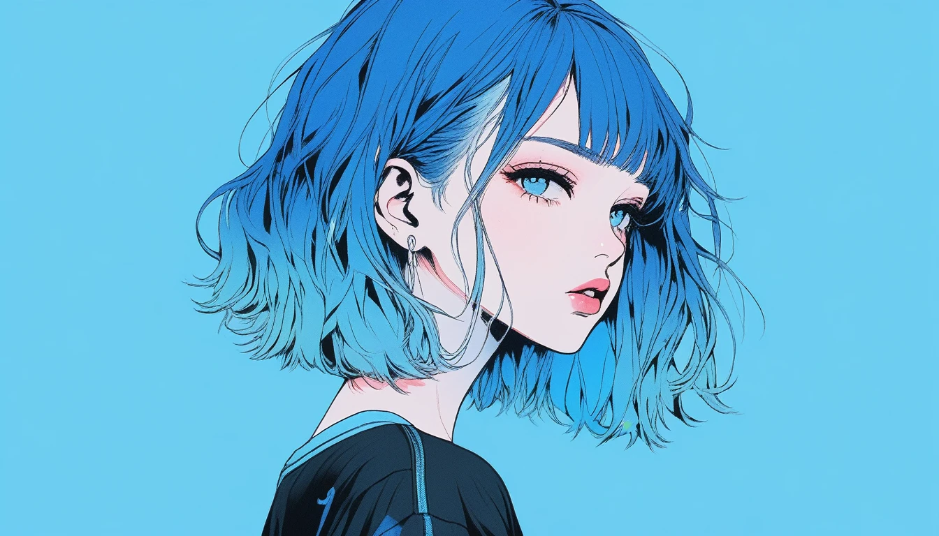 Illustrator, anime , Realistic ,sketch , 1 Girl, ,lip, tshirt,order, Blue gradient background, Neon Hair,Textured Trim, Canadian, (masterpiece,Highest quality) Cancer