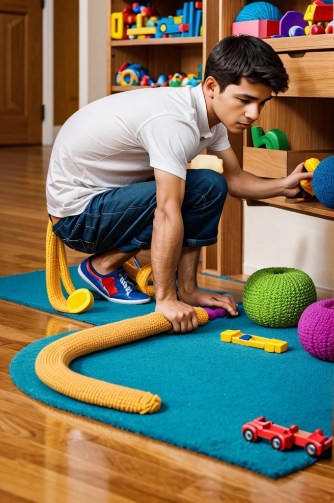 A bends down to pick up his toys and then gets up and hands them one by one to his mother..