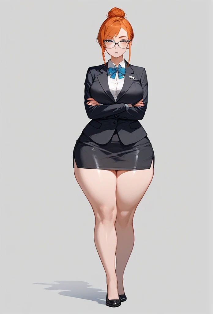 pale adult woman, large breasts, very thick thighs, massive thighs, wide hips, short ginger hair in a sleek hairbun, glasses, tight black blazer, tight black pencil skirt, mid-thigh black pencil skirt hem, thick thighs pressed together, very thick legs, thick calves, wearing black high heels, bored expression, strict teacher, facing forward, she is standing, legs and feet in the photo, crossing arms under her chest, straight face, raised eyebrow, full body shown, voluptuous, detailed face, 8k quality, toes pointed inward, full body shown