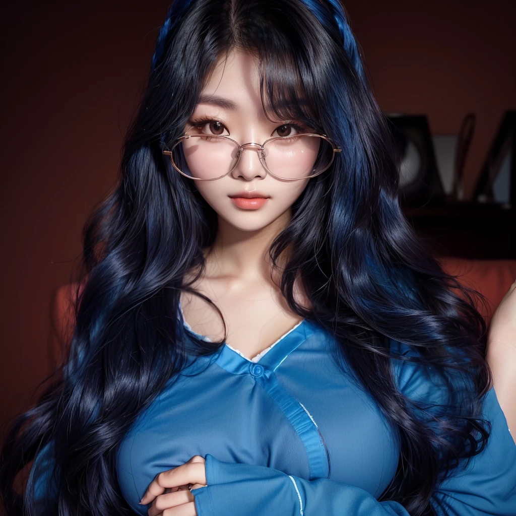 araffe woman With glasses and a blue shirt posing for a picture, korean girl, With glasses, long wavy black hair and glasses, 18 years, Beautiful young Korean woman, 22 years, thick glasses, Asian girl, 27 years old, young and cute girl, 21 years, 28 years old, beautiful south korean woman