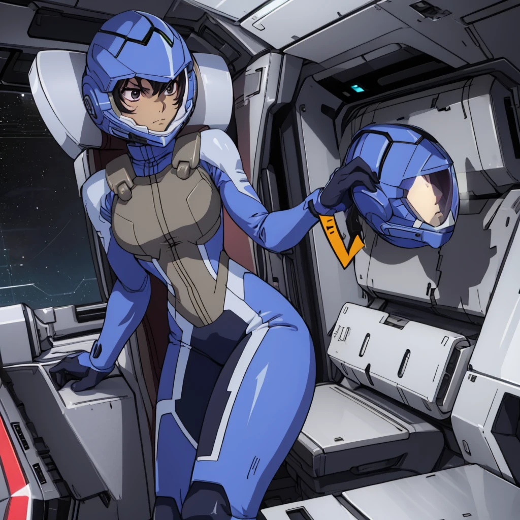 closed mouth, (), 1girl, (((genderbend))), (((female))), wide hips, narrow waist, (space helmet:1.1), 1st pilotsuit, 1st bodysuit, cockpit, monitor, ((anime artstyle))