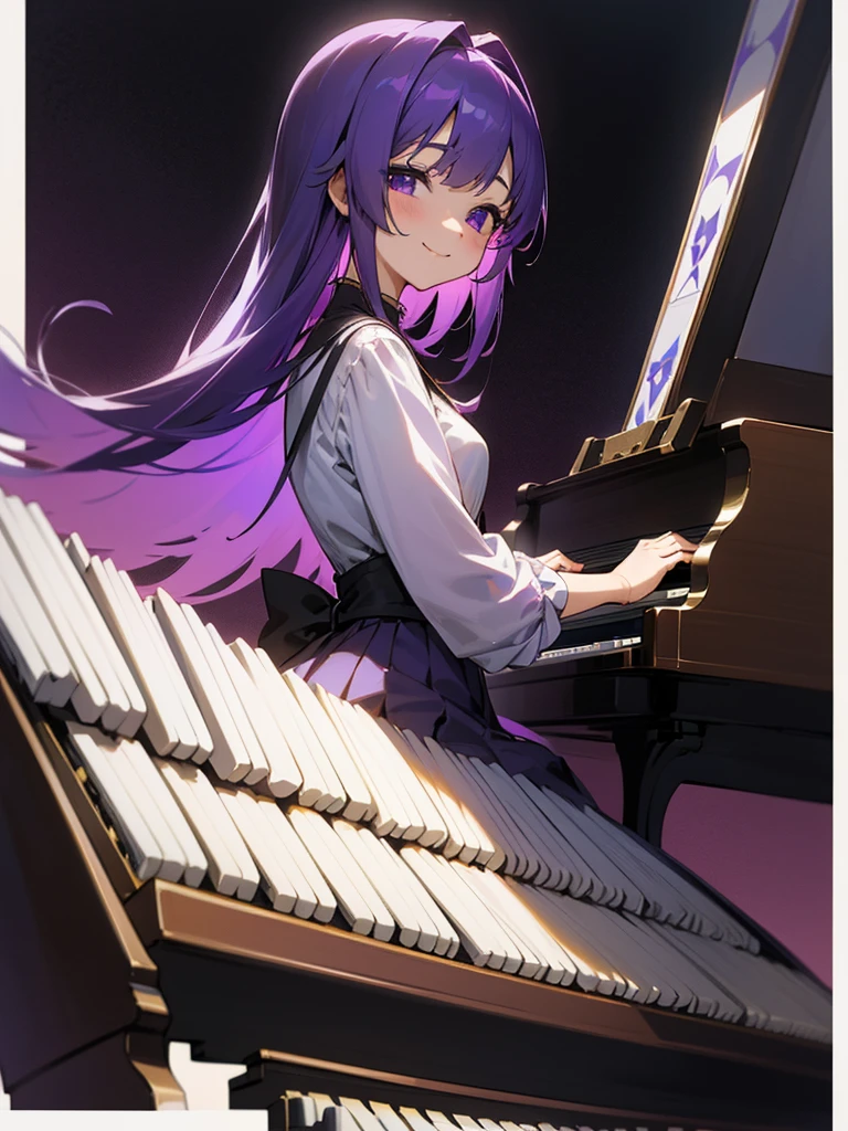 masterpiece、最高masterpiece、anime、Purple Hair、Purple eyes、 girl、smile、piano🎹、She's wearing cute silver earrings、Upper Body、
