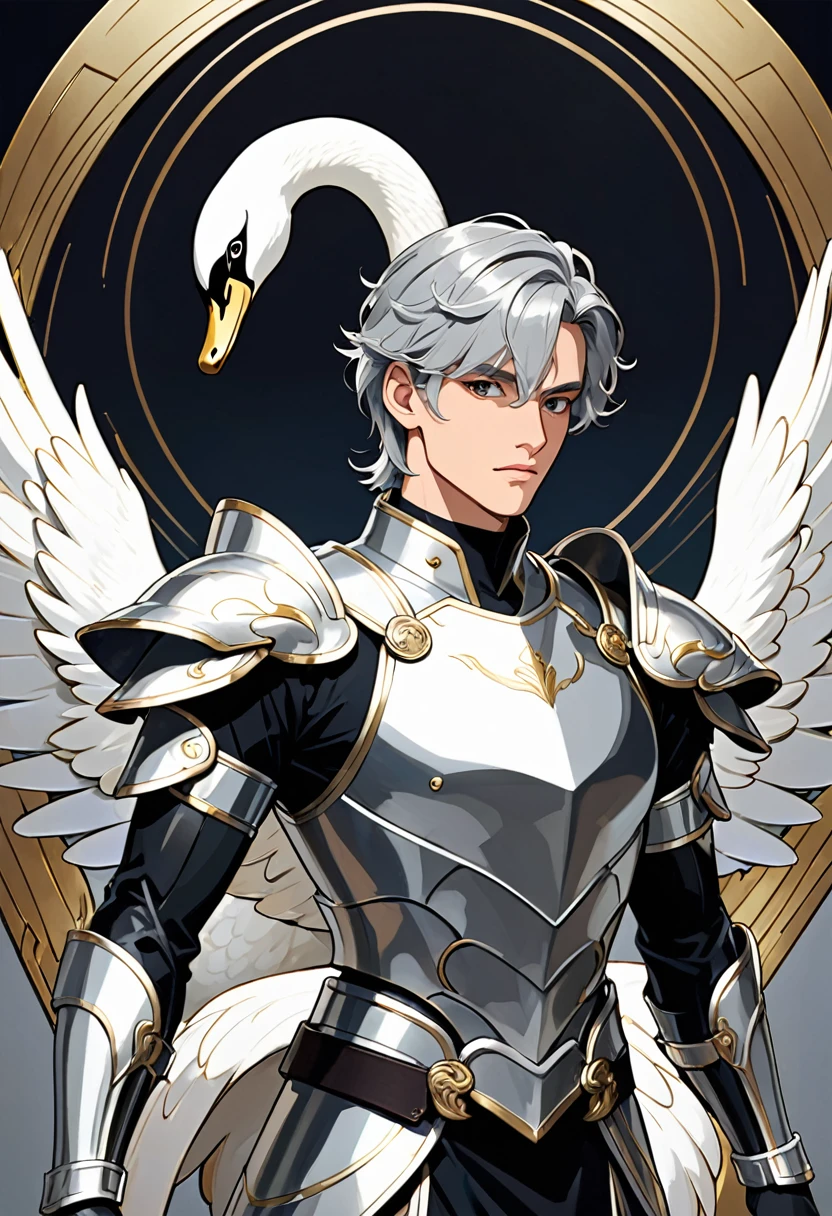 A young man in silver metallic armor, Cel animation style, Swan carvings are designed into the armor., I can see your real face, Armor in the shape of a swan&#39;s wing, Blond long hair man, Long Hair, Silver armor over blue clothes, Super beautiful image quality, Professional painter, Highest quality, 18-year-old,