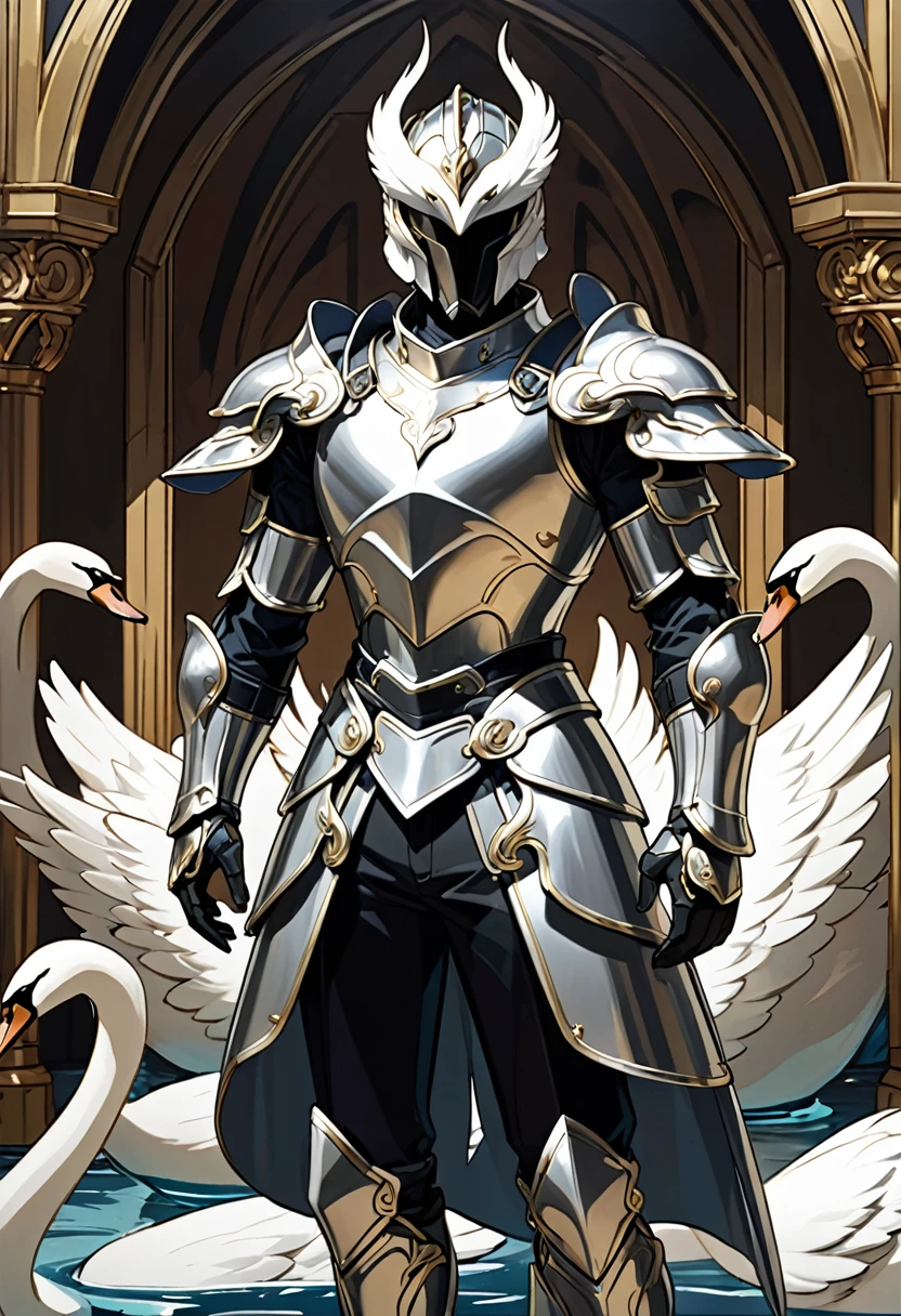 A young man in silver metallic armor, Cel animation style, Swan carvings are designed into the armor., I can see your real face, Armor in the shape of a swan's wing, Blond long hair man, Long Hair, Silver armor over blue clothes, Super beautiful image quality, Professional painter, Highest quality, 18-year-old,
