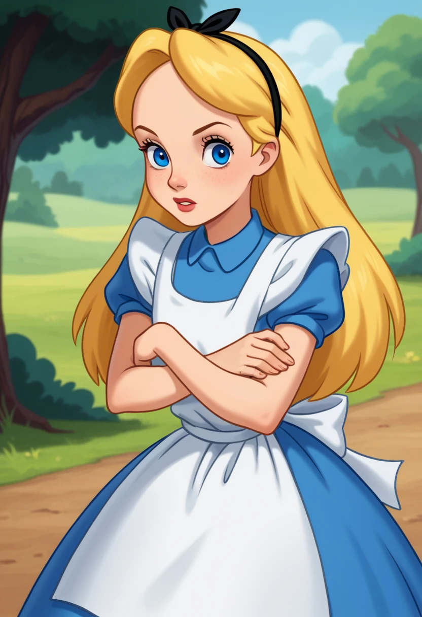 score_8_up, BREAK, Alice, 1girl, solo, blonde hair, long hair, blue eyes, headband, ribbon hairband, blue dress, apron, short sleeves, looking at viewer, outdoors, portrait, crossed arms,