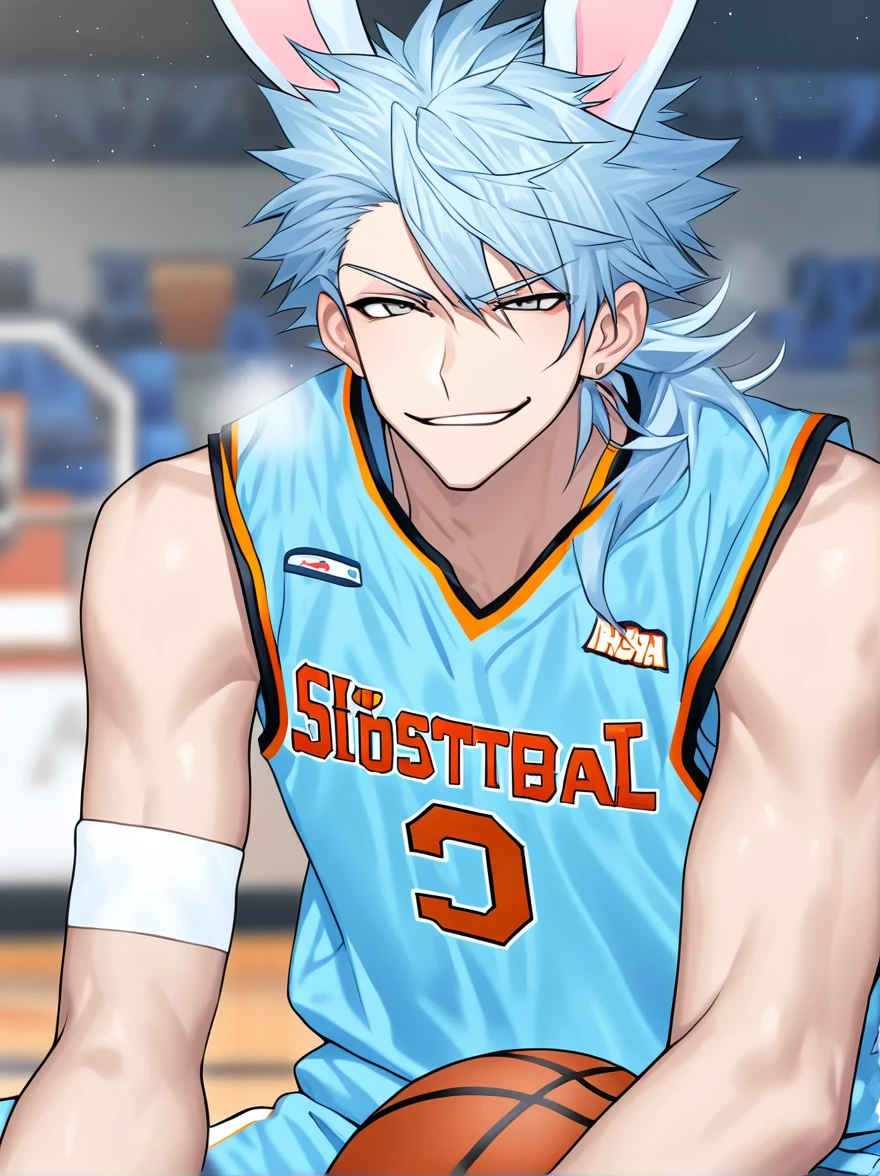 Basketball gym background, male, solo male, light blue hair, light blue bunny ears, basketball uniform, smirking expression, gray eyes