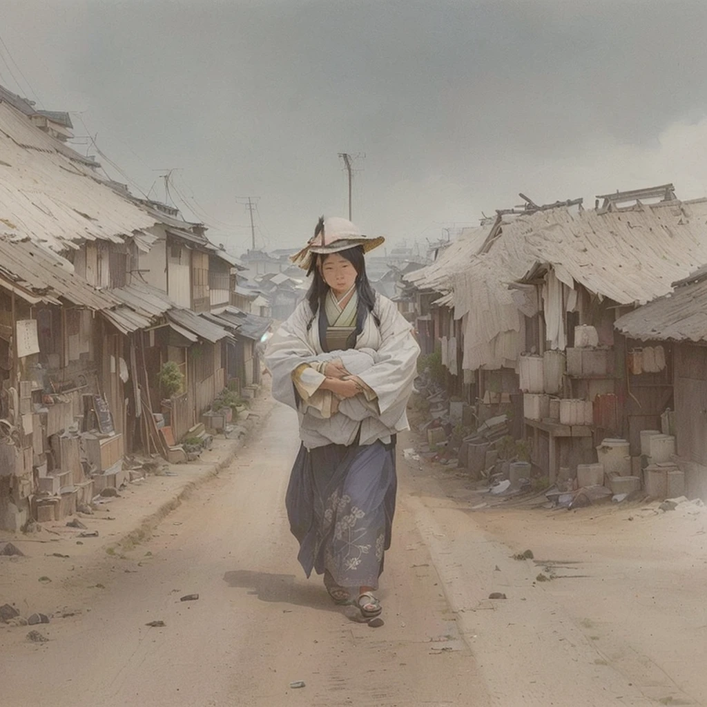 A picture of a street with people walking, by Kamisaka Sekka, Dusty Street, The ancient street behind her, in a village street, Inspired by Santiago Martínez Delgado, By Artur Tarnowski, on the road, By Ludwig Konaszewski, Inspired by Anton Piek, Foggy Alley, on the roadBlazing flames, fire, crowd, throng, freezing, mother warming her baby.Scenery and Cityscape in the Early Meiji Era After the Meiji Restoration, Japan underwent rapid modernization and civilization. Consequently, many changes and reforms occurred. Below is a detailed explanation of the scenery, appearance of the poor, occupations, and cityscapes in the early Meiji period (1868 to the early 1880s). 2. Appearance of the Poor Life for the impoverished and lower classes remained harsh. In particular, in urban areas, people migrated from rural areas or unemployed artisans gathered, intensifying competition in the labor market. Many of them struggled with poverty, often residing in slums or around temples. 3. Occupations Meiji early Japan witnessed a diversification of occupations. Traditional agriculture and handicrafts were accompanied by the rise of modern industry and commerce. Particularly in urban areas, factory workers, shop clerks, and transporters increased, giving rise to new professions. However, many in these occupations endured harsh working conditions. 4. Influence of Civilization and Enlightenment During the Meiji era, Western cultural influences spread rapidly. Changes in clothing, dietary habits, and the proliferation of Western-style architecture advanced, especially in urban areas. Conversely, this development posed a threat to traditional culture and lifestyles, resulting in societal upheaval and adaptation challenges. 5. Social Change and Policy Influence While promoting modernization policies, the government also addressed poverty and social issues. Legislation for labor protection and charitable activities to aid the poor were implemented. Nevertheless, living conditions for the impoverished scarcely improved. The early Meiji period marked a rapid transformation in Japan, with complex social land