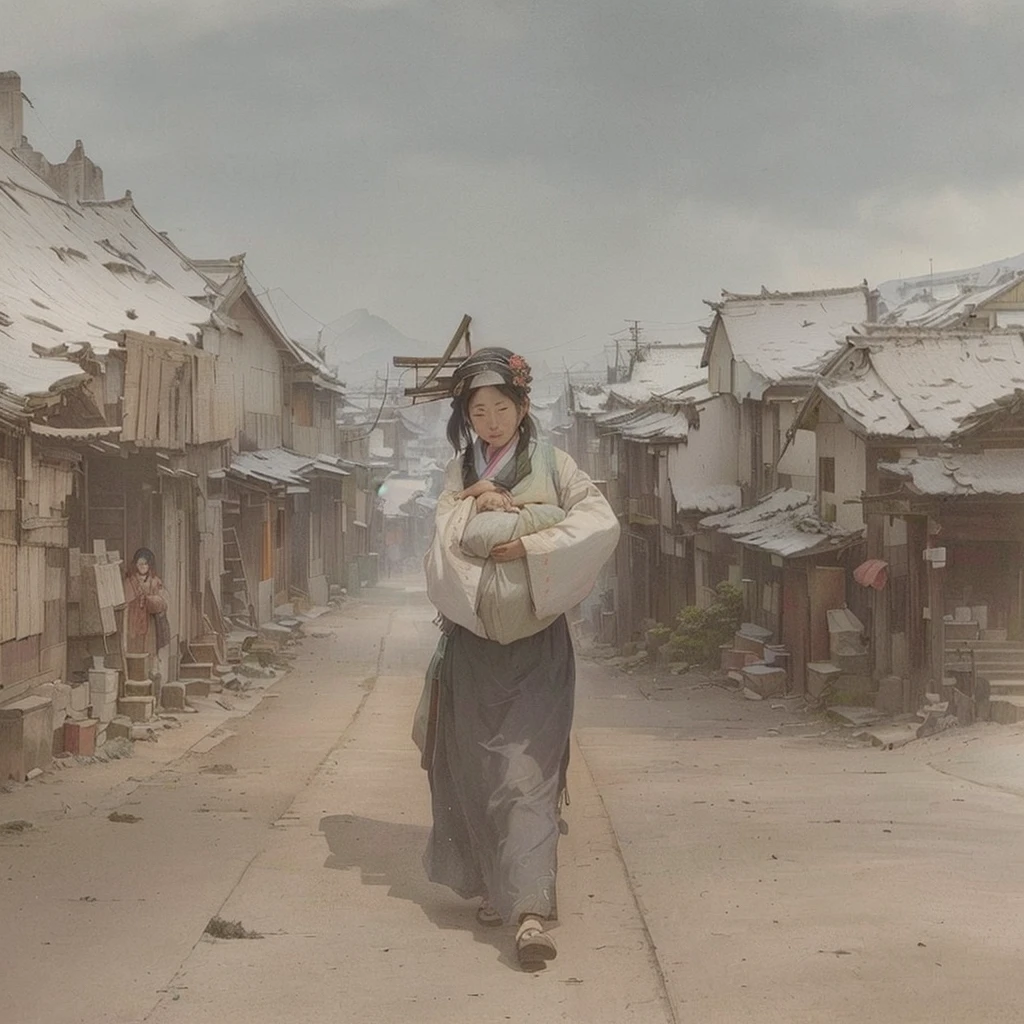 A picture of a street with people walking, by Kamisaka Sekka, Dusty Street, The ancient street behind her, in a village street, Inspired by Santiago Martínez Delgado, By Artur Tarnowski, on the road, By Ludwig Konaszewski, Inspired by Anton Piek, Foggy Alley, on the roadBlazing flames, fire, crowd, throng, freezing, mother warming her baby.Scenery and Cityscape in the Early Meiji Era After the Meiji Restoration, Japan underwent rapid modernization and civilization. Consequently, many changes and reforms occurred. Below is a detailed explanation of the scenery, appearance of the poor, occupations, and cityscapes in the early Meiji period (1868 to the early 1880s). 2. Appearance of the Poor Life for the impoverished and lower classes remained harsh. In particular, in urban areas, people migrated from rural areas or unemployed artisans gathered, intensifying competition in the labor market. Many of them struggled with poverty, often residing in slums or around temples. 3. Occupations Meiji early Japan witnessed a diversification of occupations. Traditional agriculture and handicrafts were accompanied by the rise of modern industry and commerce. Particularly in urban areas, factory workers, shop clerks, and transporters increased, giving rise to new professions. However, many in these occupations endured harsh working conditions. 4. Influence of Civilization and Enlightenment During the Meiji era, Western cultural influences spread rapidly. Changes in clothing, dietary habits, and the proliferation of Western-style architecture advanced, especially in urban areas. Conversely, this development posed a threat to traditional culture and lifestyles, resulting in societal upheaval and adaptation challenges. 5. Social Change and Policy Influence While promoting modernization policies, the government also addressed poverty and social issues. Legislation for labor protection and charitable activities to aid the poor were implemented. Nevertheless, living conditions for the impoverished scarcely improved. The early Meiji period marked a rapid transformation in Japan, with complex social land