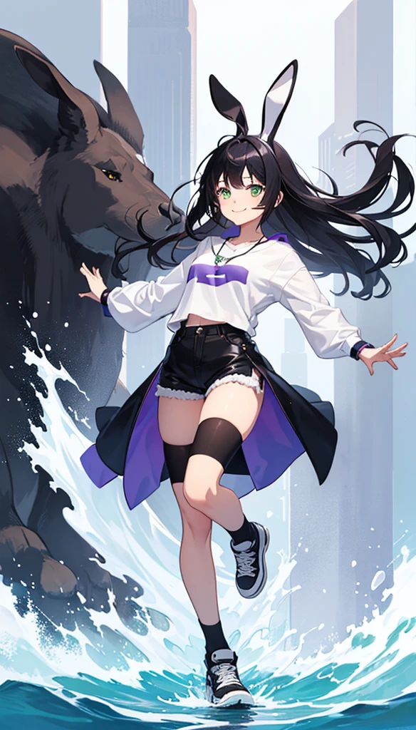 Good quality photo full body floating))(Teenage girl))アニメ)) teenage girl with straight black hair, slicked black hair, long  hair, black bunny ear band in hair, bunny ear band in hair, big hair, greeneyes, Caucasian skin, tight shirt pajamas, tight shirt, purple blouse, purple color blouse, short shorts , short shorts, little armor, green magic necklace, green necklace, greeneyes, smiling, confident, levitation powers, levitating, girl floating with powers, purple all star sneakers, 