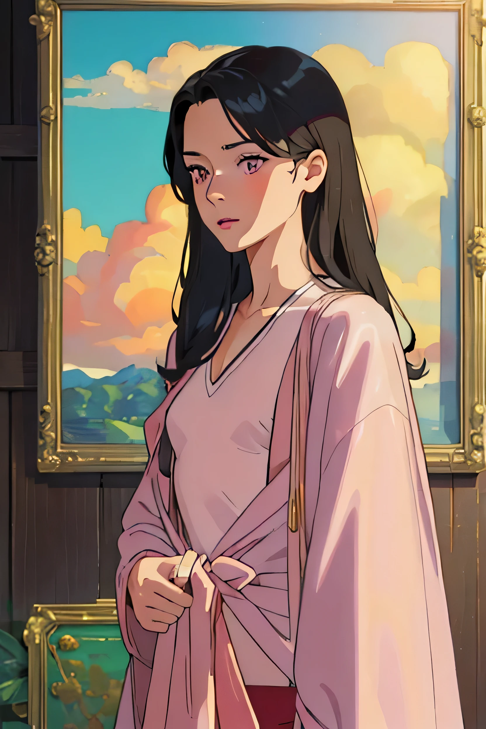 (Masterpiece:1.4), (best quality:1.2), (illustration:1.2), detailed face, 1woman, modern clothes, small breasts, black hair, long tied hair, upper body, cowboy shot, stern face, pink eyes.