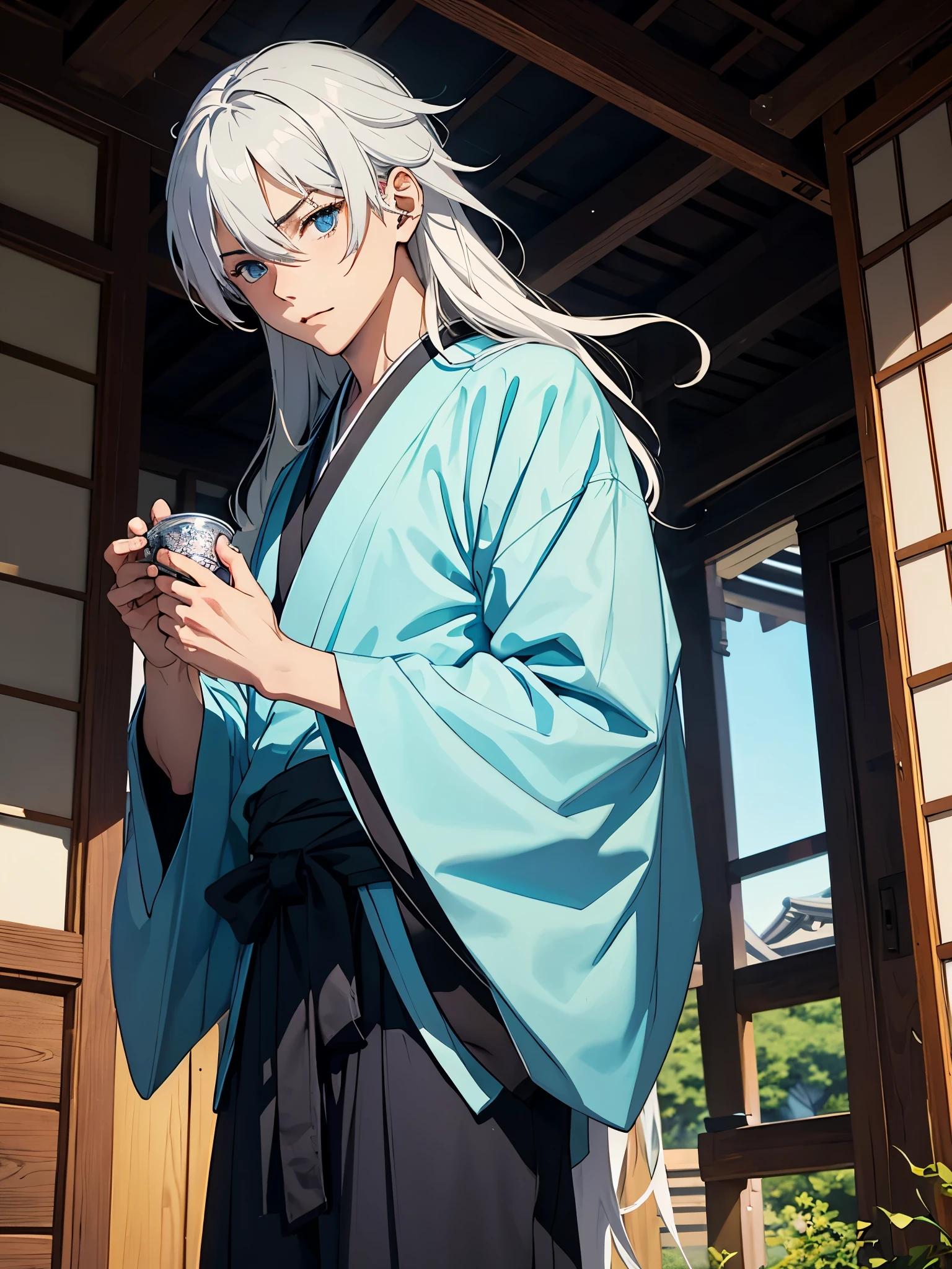 More anime. boy. tao. masculine. Boy. Long hair. White hair. Japanese Gate. Tori. kimono. . More anime. light blue light. Bright bright light.