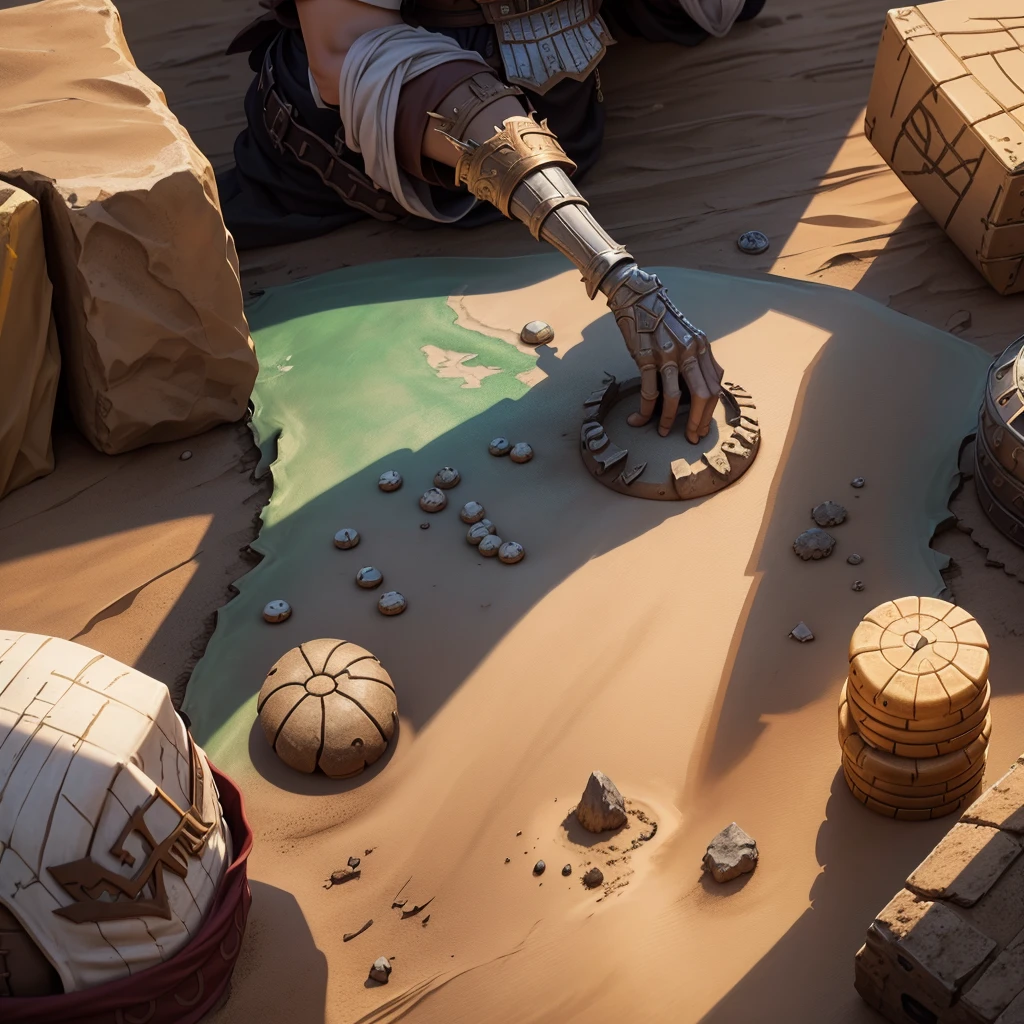 Create me an rpg map to use on tabletop, a map that is a desert with several items and aspects,  those map type to use tabletop rpg token, throw some obstacles, skeletons, aspects of a desert ,same as Tormenta 20 rpg, put a lot of detail 