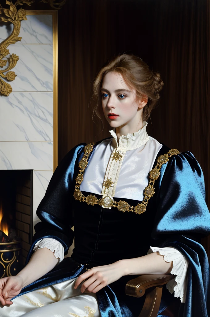 Portrait of Christopher Marlowe, sutting in chair near fireplace, white skin, piercing icy blue eyes, silky golden-brown hair, refined features, charp jawline, clean shaved, black Elizabethan velvet jerkin, white laced shirt, high quality, masterpiece, best quality, highres, 1man
