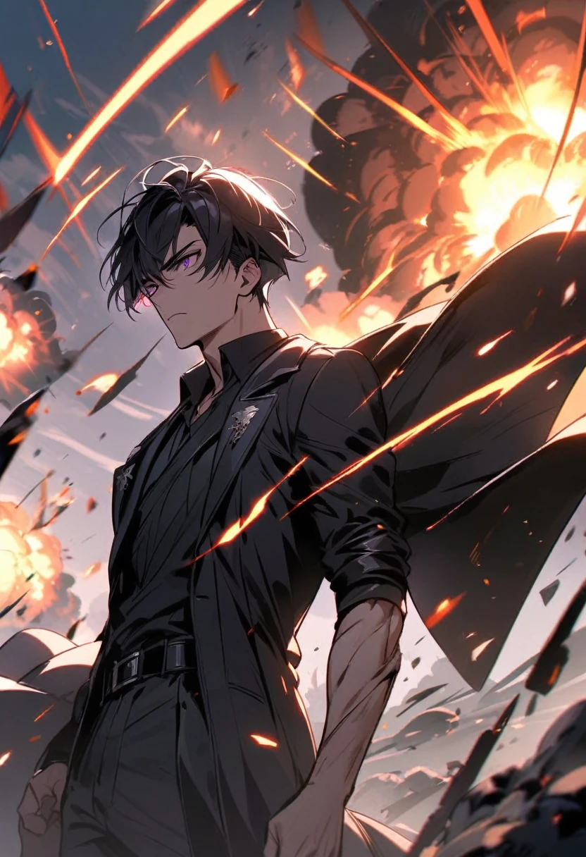 handsome, alone, 1 man, short hair, black hair, purple eyes, black shirt, black coat, Lots of power, explosion, broken arm.