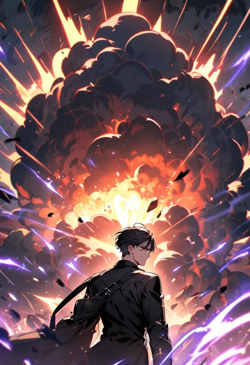 handsome, alone, 1 man, short hair, black hair, purple eyes, black shirt, black coat, Lots of power, explosion, broken arm.