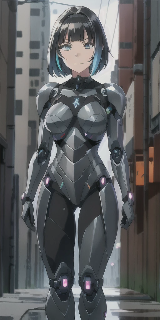 Anna nishikinomiya with the same body as a woman but only with armor that covers her entire body, has a (black robotic armor) turned into a Cyborg, of the shoulders and torso, and robotic legs without garments or clothing only Cyborg armor, in a raining alley of an absurd cyberpunk city, high resolution, ultra detailed, (1 girl:1.8), BREAK,
high technology, dystopia, Cyborgs, broken capitalism, inequality, oppression REST,
vibrant colors, neon lightning, Modern Art 