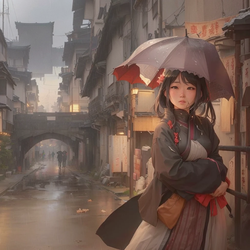 in the rain、Anime girl standing in an alley with an umbrella, artwork in the style of Gwaiz, Gwaiz, Gwaiz on pixiv artstation, Beautiful anime artwork, Gwaiz on artstation pixiv, Gwaiz masterpiece, Anime Style 4k, Anime Atmosphere, Rainy night, Zerochan Art, Anime art wallpaper 4kBlazing flames, fire, crowd, throng, freezing, mother warming her .Scenery and Cityscape in the Early Meiji Era After the Meiji Restoration, Japan underwent rapid modernization and civilization. Consequently, many changes and reforms occurred. Below is a detailed explanation of the scenery, appearance of the poor, occupations, and cityscapes in the early Meiji period (1868 to the early 1880s). 2. Appearance of the Poor Life for the impoverished and lower classes remained harsh. In particular, in urban areas, people migrated from rural areas or unemployed artisans gathered, intensifying competition in the labor market. Many of them struggled with poverty, often residing in slums or around temples. 3. Occupations Meiji early Japan witnessed a diversification of occupations. Traditional agriculture and handicrafts were accompanied by the rise of modern industry and commerce. Particularly in urban areas, factory workers, shop clerks, and transporters increased, giving rise to new professions. However, many in these occupations endured harsh working conditions. 4. Influence of Civilization and Enlightenment During the Meiji era, Western cultural influences spread rapidly. Changes in clothing, dietary habits, and the proliferation of Western-style architecture advanced, especially in urban areas. Conversely, this development posed a threat to traditional culture and lifestyles, resulting in societal upheaval and adaptation challenges. 5. Social Change and Policy Influence While promoting modernization policies, the government also addressed poverty and social issues. Legislation for labor protection and charitable activities to aid the poor were implemented. Nevertheless, living conditions for the impoverished scarcely improved. The early Meiji period marked a rapid transfo