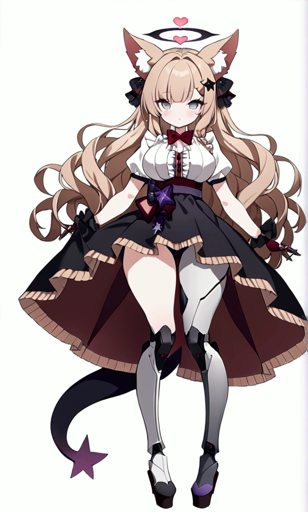 Woman 180cm tall, big chest, wide hip, slim build, charming look, (dark blonde hair), ((hip length loose wavy hair, asymmetrical bangs, star hairpin)), (a short braid on the left and right side of the hair tied with an elegant purple ribbon), (small ribbons at the back of the hair), ((Gray eyes with a pink 4-pointed star in the pupil)), (two black fox ears located on the top of the head), (luminous black halo in the shape of a 4-pointed star on the head), ((It has a small black succubus tail that ends in the shape of a heart)), (((It has complex mechanical legs that reach up to the thighs., The legs are dark gray with small burgundy and black details))), (elegant knee length one piece dress, small Vinotinto bowtie on the neck of the dress, white bust with vertical black lines, ruffles in the middle of the bust, lace and ruffle skirt, short sleeves with ruffles, ribbon decorations and star patterns on the dress), black ruffled gloves, Black platform heels, gray belt at the waist with a large ribbon with a luminous pink heart in the middle, black necklace with a heart pendant on the neck, (((character design sheet: front view))), ((whole body)), extremely detailed beautiful hair, beautiful detailed dress, extremely detailed arms, extremely detailed face, (Extremely detailed hands), perfect hands, small face, Beautiful detailed eyes, beautiful detailed lips, adorable, extremely detailed legs, (Best Quality, 8k, high resolution), ultra detailed, Exquisite and epic character art, ((White background)), (Focus on symmetry), (beautiful detailed succubus tail), (only one woman in the picture)