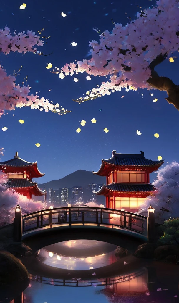 Arien view, view was a beautiful night with cherry blossoms blooming around. There was no humans in sight, as the night was clear and. The scenery was of East Asian architecture, with bridges and buildings surrounded by water. petals of the cherry blossoms grew out of the trees, adding to the natural beauty of the scene. In the distance, fireflies \u95ea\u70c1\u7740\uff0c adding a touch of magic to the night.