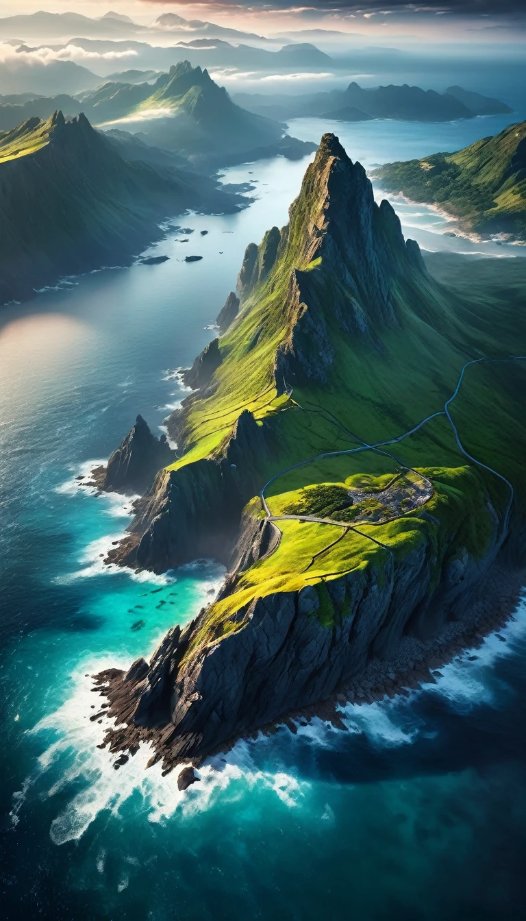 a mysterious island, mountainous landscape, misty atmosphere, rocky coastline, aerial view, cinematic lighting, dramatic clouds, serene ocean, photorealistic, highly detailed, vibrant colors, realistic textures, fantasy landscape, dramatic shadows, atmospheric haze, epic scale, wide angle composition, masterpiece quality, dark aura