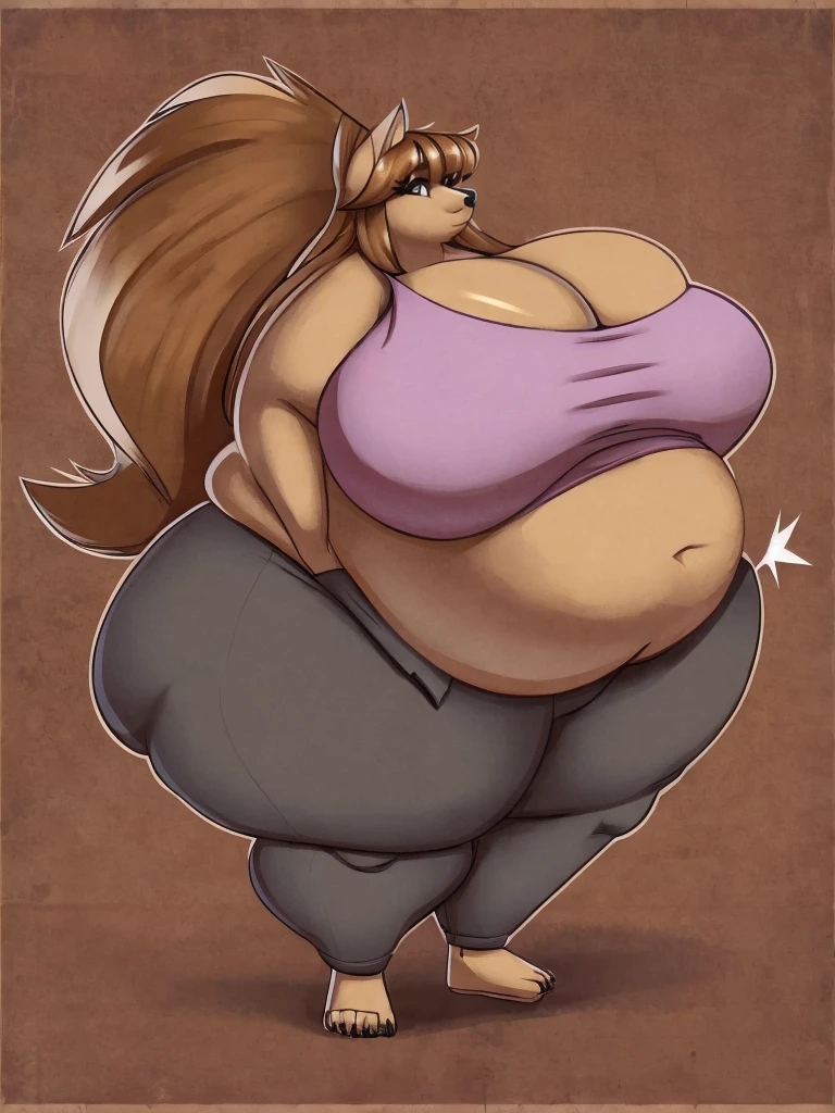 wolf, female, long hair, huge breasts, huge hips, huge thighs, plump, voluptuous, gorgeous, beautiful, eyelashes, cream hair, bushy hair,thick hair, morbidly obese, big bushy tail ,brownscale body, pants, tank top , gigantic breasts