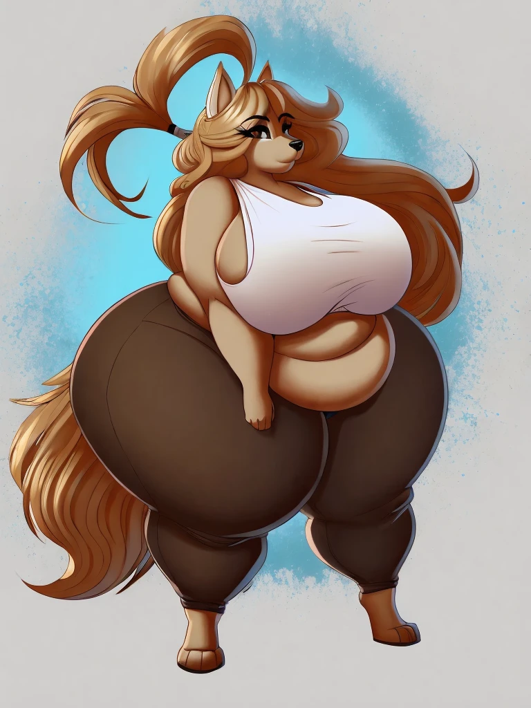 wolf, female, long hair, huge breasts, huge hips, huge thighs, plump, voluptuous, gorgeous, beautiful, eyelashes, cream hair, bushy hair,thick hair, morbidly obese, big bushy tail ,brownscale body, pants, tank top , gigantic breasts