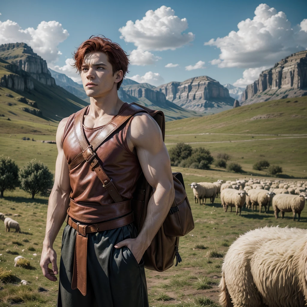 Generate an image of Cain, red hair and blue eyes, a 17-year-old young man, shirtless, with a blanket covering his genitals, herding sheep in a field illuminated by sunlight. full body image, 32k resolution, ultra realistic image, 32k resolution, ultra realistic image, ultra realistic, 32k resolution, best quality.