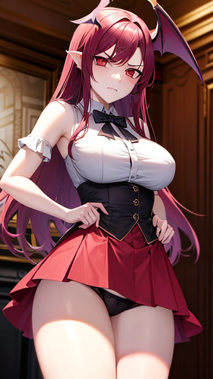 Lilith lifting her skirt, showing his underwear and looking angry, with big breasts in a mansion.