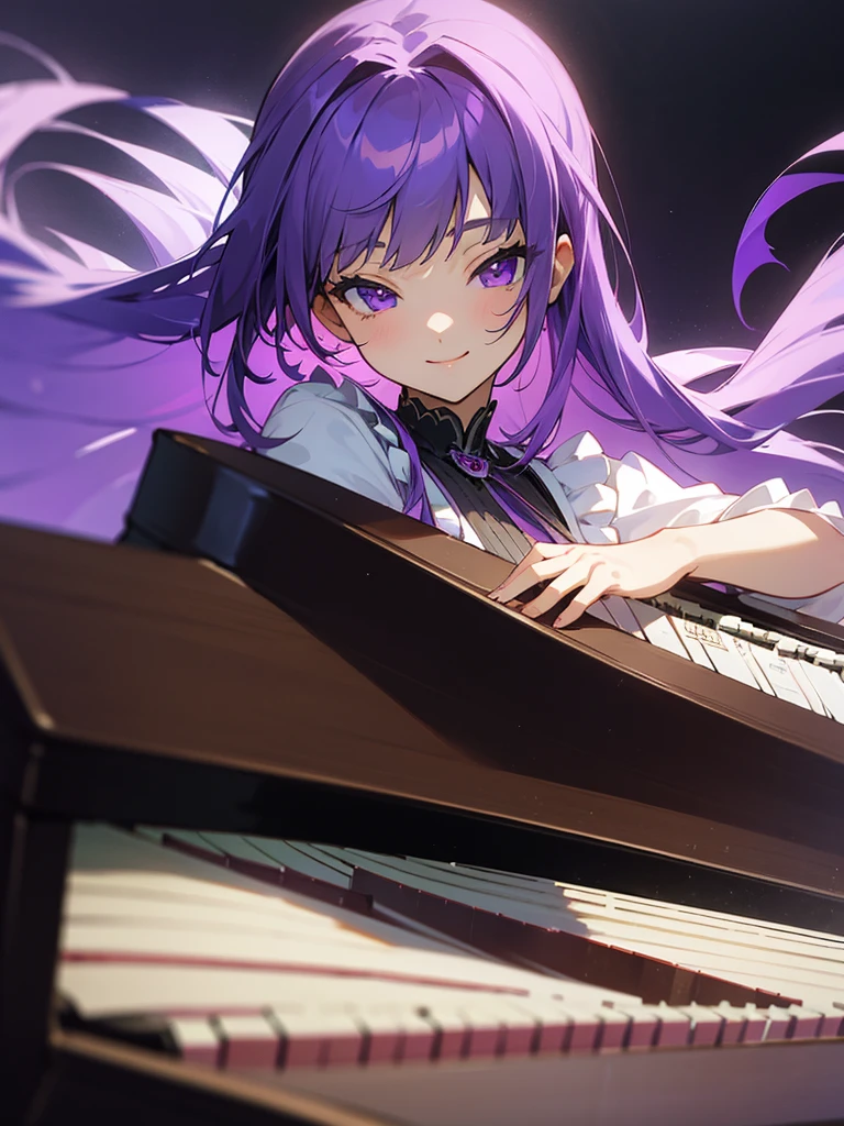 masterpiece、最高masterpiece、anime、Purple Hair、Purple eyes、 girl、smile、Grand piano🎹、She's wearing cute silver earrings、Upper Body、profile