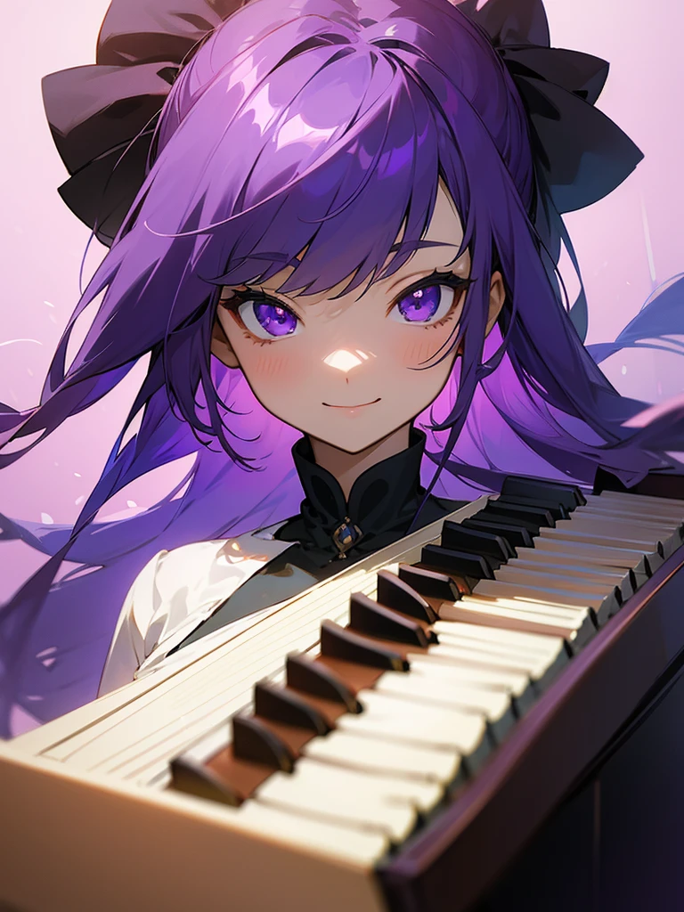 masterpiece、最高masterpiece、anime、Purple Hair、Purple eyes、 girl、smile、Grand piano🎹、She&#39;s wearing cute silver earrings、Upper Body、profile