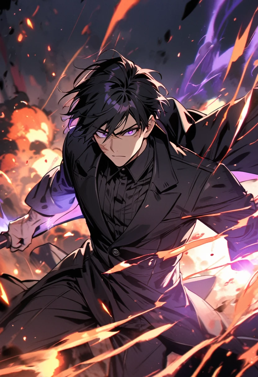 handsome, alone, 1 man, short hair, black hair, purple eyes, black shirt, black coat, Lots of power, lots of explosions, lots of scars.