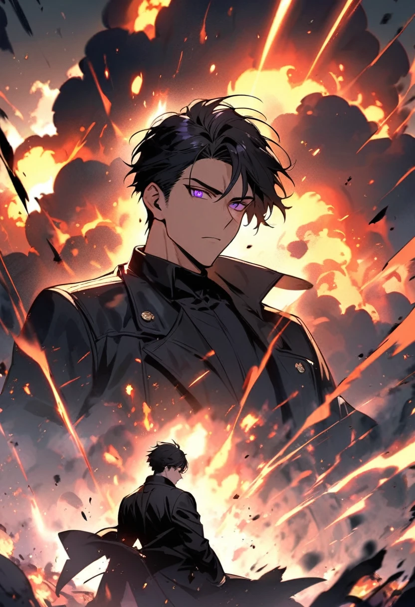 handsome, alone, 1 man, short hair, black hair, purple eyes, black shirt, black coat, Lots of power, lots of explosions, lots of scars.