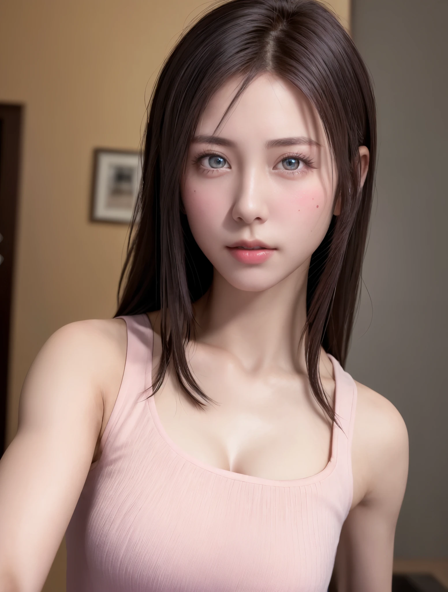 8K, Best Quality, masutepiece, Ultra High Resolution, (Realism: 1.3), Original photo, (Realistic skin texture: 1.3), (Film grain: 1.3), (Selfie angle), 1 girl, Pink clothes, Sapphire eyes and beautiful face details, masutepiece, Best Quality, close-up, Upper body top quality image quality pull-up