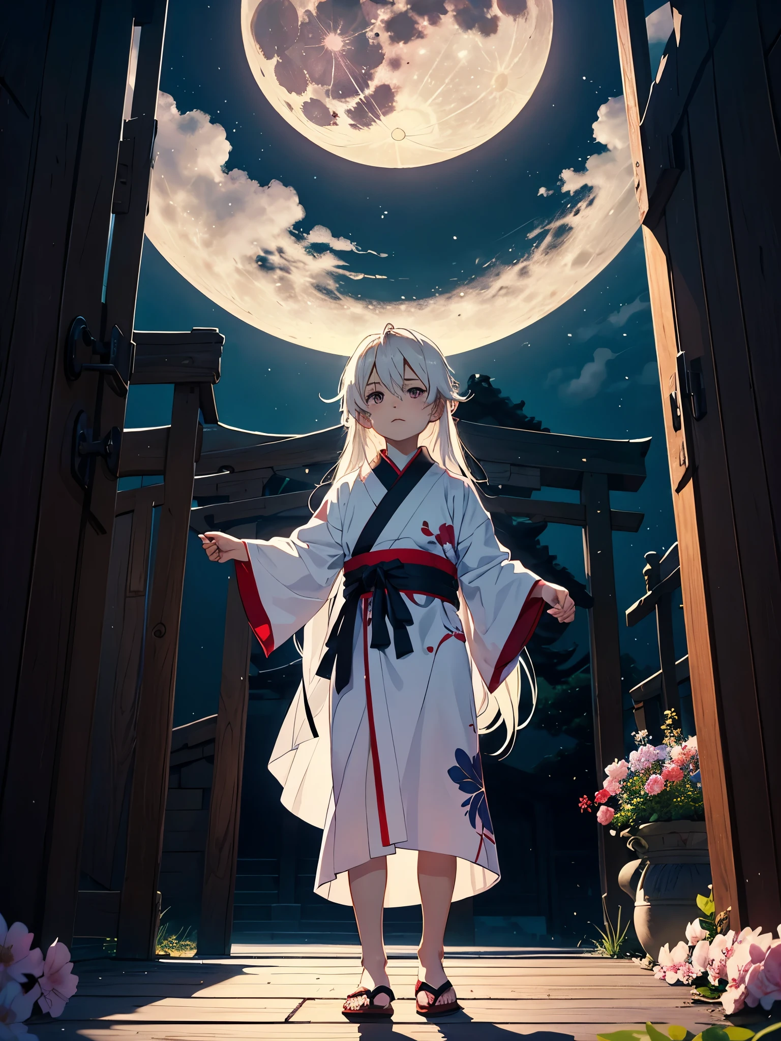 Mehr anime. Roter kimono! Mehr anime. Little ???. masculine. tao. Boy. mystical. Japanese Gate. Tori Tor. Tsukiyomi. japanese clothes. God of the Moon. long white hair. traditional clothing. divine. full moon. Pink flowers.