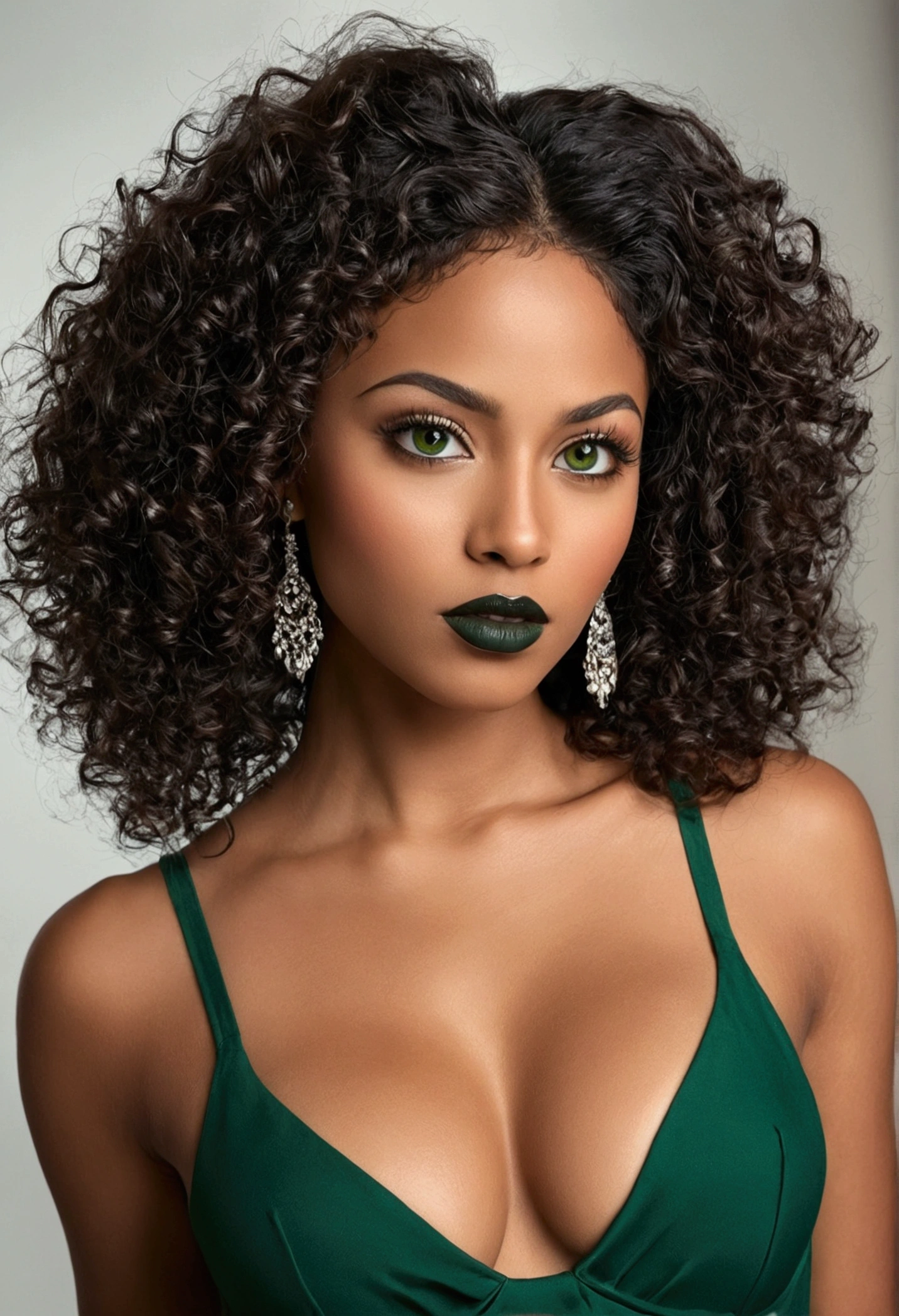 Completely Arafed woman with green eyes, wearing a black dress. beautiful young black woman with dark skin, black Brazilian mixed race, beautiful 30 year old Afro-Latina girl, beautiful African and Latina, Brazilian and Angolan descent, a black woman, mixing African and indigenous features, a unique mix of indigenous, African and European ebony . The hair is extremely curly, with well-defined and voluminous curls. The natural texture. Her hair is long, falling in voluminous waves around her shoulders and down her back. The hair has a lot of volume, creating a full, dense appearance. The hair is black. green eyes, eye is green, green and expressive eyes, beautiful green eyes, realistic green eyes, detailed green eyes (eyeliner, long eyelashes). Perfect eyebrows and are thick. the nose is small and proportional, beautiful face. Attractive and irresistible mouth, well-defined lips, full lips, voluminous lips, seductive lips. The face is oval, with high cheekbones and a well-defined chin, a beautiful and detailed face. Professional, dramatic makeup, a more impactful look with shadows that accentuate the captivating look, Striking makeup, with eyeliner, black lipstick. Skin tone: Olive skin, healthy and with uniform shine, with olive skin, dark skin, sexy girl with skin brunette, detailed skin texture, beautiful and glowing skin, intricate details, smooth skin, healthy and radiant appearance. A woman has a well-defined and athletic body. Her silhouette is shapely, highlighting a thin waist in contrast to fuller hips and bust. She has a prominent bust, with large, firm breasts, silicone breasts, voluminous breasts. Thin waist. The hips are wide and well-defined, with a pronounced hourglass shape and a large butt. The legs are long and muscular, with well-defined thighs. 50 mm lens, f/2.8, hdr, (8K) RAW photo, high quality resolution 8K uhd, dslr, 2k, 4K, 8K, 16K.