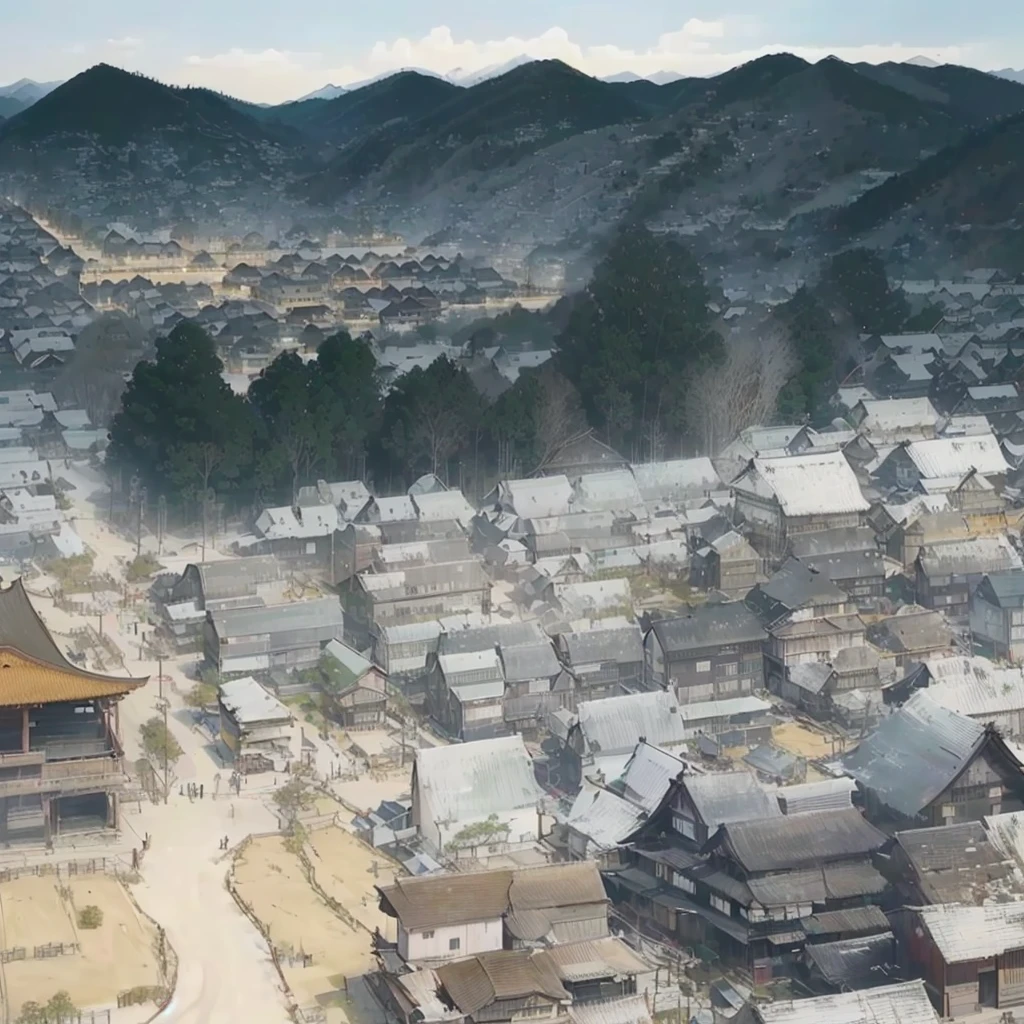 Picture of a city with mountains in the background, Japanese Street, Town Background, Anime scenery concept art, Scenery of Attack on Titan, Japanese countryside, Distant village background, Japanese Village, Xin Haicheng, Distant villages, Townscape, Japanese cities, 背景のJapanese Village, Anime Background Art, Aerial photography by Yoji Shinkawa Blazing flames, fire, crowd, throng, freezing, mother warming her baby.Scenery and Cityscape in the Early Meiji Era After the Meiji Restoration, Japan underwent rapid modernization and civilization. Consequently, many changes and reforms occurred. Below is a detailed explanation of the scenery, appearance of the poor, occupations, and cityscapes in the early Meiji period (1868 to the early 1880s). 2. Appearance of the Poor Life for the impoverished and lower classes remained harsh. In particular, in urban areas, people migrated from rural areas or unemployed artisans gathered, intensifying competition in the labor market. Many of them struggled with poverty, often residing in slums or around temples. 3. Occupations Meiji early Japan witnessed a diversification of occupations. Traditional agriculture and handicrafts were accompanied by the rise of modern industry and commerce. Particularly in urban areas, factory workers, shop clerks, and transporters increased, giving rise to new professions. However, many in these occupations endured harsh working conditions. 4. Influence of Civilization and Enlightenment During the Meiji era, Western cultural influences spread rapidly. Changes in clothing, dietary habits, and the proliferation of Western-style architecture advanced, especially in urban areas. Conversely, this development posed a threat to traditional culture and lifestyles, resulting in societal upheaval and adaptation challenges. 5. Social Change and Policy Influence While promoting modernization policies, the government also addressed poverty and social issues. Legislation for labor protection and charitable activities to aid the poor were implemented. Nevertheless, living conditions for the impoverished scarcely improved. The early Meiji period marked a rapid transformation in Japan, with complex social landscapes involving challenges face