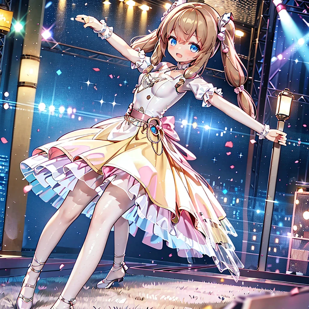 Solo, 1 girl, comical, kawaii, Blue eyes, light brown hair, back high twintails, front braids, (princess dress),  white top, ((yellow dress 1.5)), open mouth smile, from back, from below, dance at the stage, neon and led lights, posing, sexy, high-resolution image, masterpiece, high quality, attractive eyes, full body 
