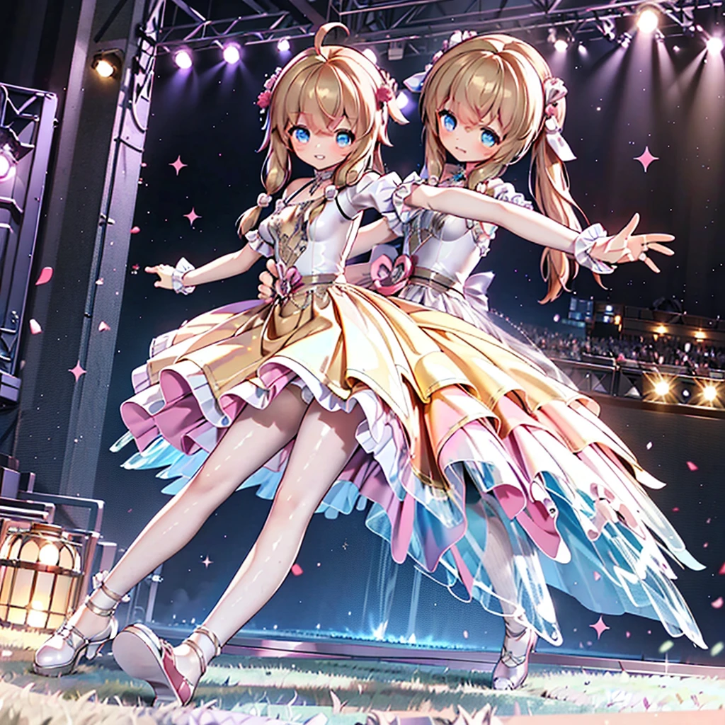 Solo, 1 girl, comical, kawaii, Blue eyes, light brown hair, back high twintails, front braids, (princess dress), white top, ((yellow dress 1.5)), open mouth smile, from back, from below, dance at the stage, neon and led lights, posing, sexy, high-resolution image, masterpiece, high quality, attractive eyes, full body
