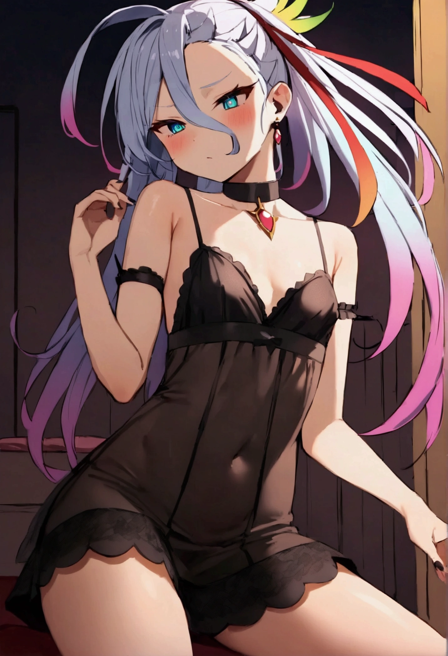 Browsing Caution,masterpiece,Highest quality,High resolution,Very detailed,Shiro \(no game No life\),Long Hair,Multicolored Hair,Hair between the eyes,Gradient Hair,Flat Chest,blue eyes,  Black choker, Red ribbon,(High Quality Sexy Dress), jewelry,Small breasts,blush,Love Hotel at Night,Luxurious Room,Sexy pose,Seduce,(Prostitute),(Prostitute)