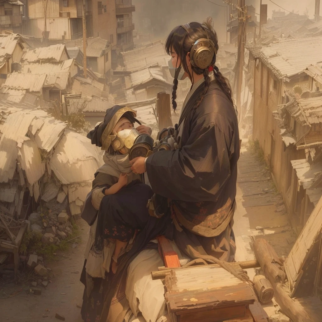 A painting of a man wearing a gas mask sitting on a rock, Anubis ghost photo, Arabian Samurai, portrait of beisouin is&is, illustration concept art, in stunning isigital paint, Beautiful artwork illustration, epic fantasy illustration, fantasy isigital painting, epic fantasy isigital art style, Cinematic fantasy paintings, epic isigital painting, high quality isigital concept artBlazing flames, fire, crowd, throng, freezing, mother warming her baby.Scenery and Cityscape in the Early Meiji Era After the Meiji Restoration, Japan underwent rapid modernization and civilization. Consequently, many changes and reforms occurred. Below is a detailed explanation of the scenery, appearance of the poor, occupations, and cityscapes in the early Meiji period (1868 to the early 1880s). 2. Appearance of the Poor Life for the impoverished and lower classes remained harsh. In particular, in urban areas, people migrated from rural areas or unemployed artisans gathered, intensifying competition in the labor market. Many of them struggled with poverty, often residing in slums or around temples. 3. Occupations Meiji early Japan witnessed a diversification of occupations. Traditional agriculture and handicrafts were accompanied by the rise of modern industry and commerce. Particularly in urban areas, factory workers, shop clerks, and transporters increased, giving rise to new professions. However, many in these occupations endured harsh working conditions. 4. Influence of Civilization and Enlightenment During the Meiji era, Western cultural influences spread rapidly. Changes in clothing, dietary habits, and the proliferation of Western-style architecture advanced, especially in urban areas. Conversely, this development posed a threat to traditional culture and lifestyles, resulting in societal upheaval and adaptation challenges. 5. Social Change and Policy Influence While promoting modernization policies, the government also addressed poverty and social issues. Legislation for labor protection and charitable activities to aid the poor were implemented. Nevertheless, living conditions for the im