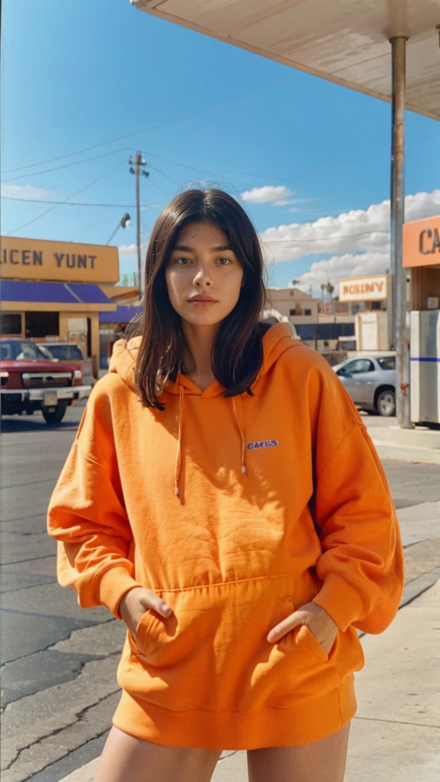 photo cinematic, photograph long shot portraits by Wes Anderson, cute 23 yo girl ,fokus, bokeh ,wear ((orange color oversized_hoodie)), wear ((purple tennis skirt)),looking front,Best Quality,Masterpiece,Ultra High Resolution,(Realisticity:1.4),Original Photo, 1Girl, light leak,ultra high resolution,UHD,beautiful, ((black bob straight hairstyle)), almond eye, no makeup, in front of ((80's colorful los angles gas station)), (realistic:1.2), (surreal:1.3), (very detailed:1.1), ((masterpiece)),summer, blue sky, palm trees,sunny, los angles vibes,film camera, 800mm lens,style of Philip Lorca diCorcia