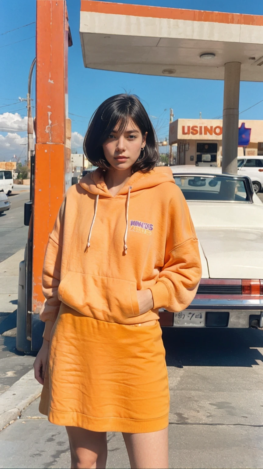 photo cinematic, photograph long shot portraits by Wes Anderson, cute 23 yo girl ,fokus, bokeh ,wear ((orange color oversized_hoodie)), wear ((purple tennis skirt)),looking front,Best Quality,Masterpiece,Ultra High Resolution,(Realisticity:1.4),Original Photo, 1Girl, light leak,ultra high resolution,UHD,beautiful, ((black bob straight hairstyle)), almond eye, no makeup, in front of ((80's colorful los angles gas station)), (realistic:1.2), (surreal:1.3), (very detailed:1.1), ((masterpiece)),summer, blue sky, palm trees,sunny, los angles vibes,film camera, 800mm lens,style of Philip Lorca diCorcia