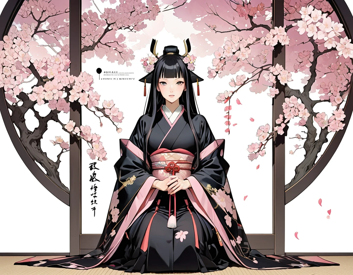 Beautiful lady-in-waiting、alone、Esbian all over body、Diagonally from the side、Sit upright on the floor、The outfit she wears、Wear wide-sleeved jackets on the outside、Long robe-like hem、The beauty of a pale pink layered collar、silk、Layered、The hem of the skirt is long、dream-like、elegant、BREAK 、Straight, long, beautiful black hair、Long black hair is a sign of beauty、BREAK 、The length of the hem of your costume is a sign of beauty、Aesthetics of Color、A sense of layered colors、Japan_Travel back in time to the Heian period、Genjimonogatari、The Tale of Genji、White Background、Image of cherry blossom petals、Dreamy、Japanの宮中